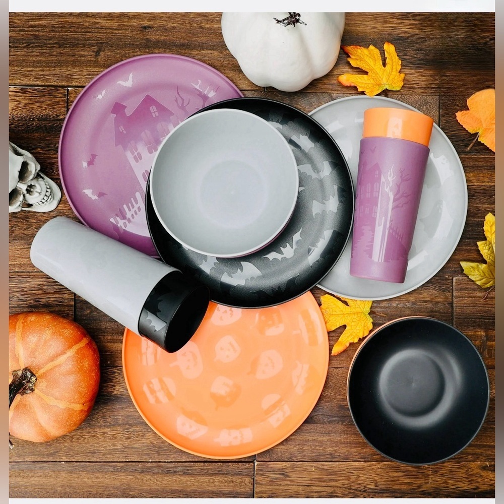 💐🎃Jack-O-Lantern Etched 3 Piece Dinnerware Set- 1x Dinner Plate Bowl Cup🎃🎃 - Picture 5 of 16